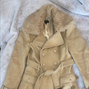 bebe Cream Double-Breasted Pea Coat with Faux Fur Collar